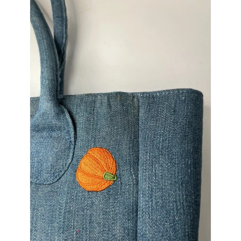 Vintage Quacker Factory denim blue shoulder bag w/ embroidered pumpkins